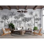 Papier peint panoramique jungle soie format personnalisé noir et blanc sketch tropical rainforest coconut ... Papier peint panoramique jungle soie format personnalisé noir et blanc sketch tropical rainforest coconut ...