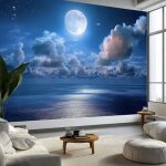 Papier peint panoramique nature 300x210cm bleu fonc� fond nuages �toiles lune mural d�coration pour chambre ...