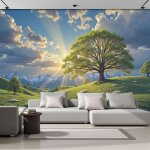 Papier peint panoramique printemps arbres prairie poster geant 3d paysage naturel d�coration murale vert ...