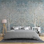 Papier peint panoramique - soie - 350x256cm - bleu for�t - floral et v�g�tal - intiss�