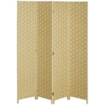 Paravent intrieur 4 panneaux pliables sparateur de pice bois de pin fibres de papier tress naturel ...
