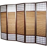 Paravent japonais séparateur de pièce en bois avec bambou de 5 pans coloris marron Paravent japonais séparateur de pièce en bois avec bambou de 5 pans coloris marron