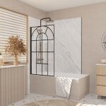 Pare baignoire d�co 75x130 cm - verre tremp� 4 mm s�rigraphie verri�re - profil� noir mat