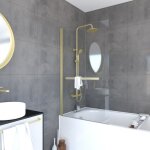 Pare baignoire pivotant avec porte - serviette 85x150cm - or doré brossé - verre 6mm - tshape goldy Pare baignoire pivotant avec porte - serviette 85x150cm - or doré brossé - verre 6mm - tshape goldy