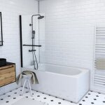 Pare baignoire pivotant avec porte - serviette 85x150cm - profilé noir - verre 6mm - tshape dark Pare baignoire pivotant avec porte - serviette 85x150cm - profilé noir - verre 6mm - tshape dark