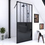 Paroi de douche 90x200 cm type verriere - verre trempe et structure aluminium noir mat