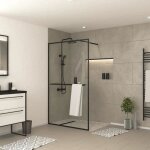 Paroi de douche noir mat 120x200cm - porte - serviette et �tag�re - dark contouring shelf