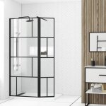 Paroi de douche avec pivot 80 + 40x195cm - sérigraphie type briques et profilés noir - dark blocks Paroi de douche avec pivot 80 + 40x195cm - sérigraphie type briques et profilés noir - dark blocks