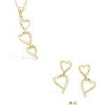 Parure bijoux - femme - chute - coeur - cristal - blanc - or jaune gf 750 * - collier 45 cm et boucles ...