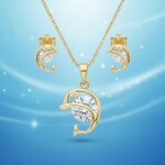Parure bijoux - enfant - dauphin - cristal - blanc - plaqu� or jaune 750 / 1000 - 3 microns - 4 pi�ces ...