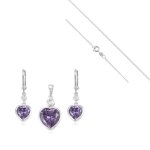 Parure bijoux - femme - coeur - cristal - amthyste - argent fin 925 / 1000 - 4 pices