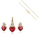 Parure bijoux - femme - coeur - cristal - rose - vif - plaqu or jaune 750 / 1000 - 3 microns - 4 pices ...