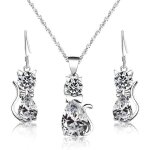 Parure bijoux - femme / enfant - chat - cristal - blanc - argent 925 / 1000 - 4 pices