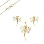 Parure bijoux - femme - libellule - cristal - blanc - plaqu or jaune 750 / 1000 - 3 microns - bijou ...