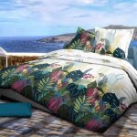 Parure de couette 3 pi�ces r�versible 260 x 240 cm king size palm spring coton pur