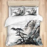 Parure de couette su parure de lit adultepaysage chinois japonais peinture encre de chine montagne arbre ...