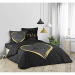 Parure housse couette - live love lauch - motif coeurs - noir et jaune - 220 x 240 cm