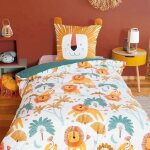 Parure de lit 140x200 cm enfant - housse de couette + 1 taie doreiller 63x63 cm motif imprim lion jaune ...