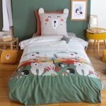 Parure de lit 140x200 cm enfant - housse de couette + taie doreiller animaux de la fort vert et beige ...