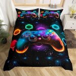 Parure de lit 200x200 enfant gaming housse de couette gamer 1 violet bleu noir#200x200cm + 2 taies oreiller ...