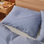 Parure de lit 260x240 coton � carreaux bleu terre de nuit mini vichy