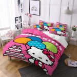 Parure de lit 3 pcs hello kitty en microfibre douce avec impression 3d - 1 housse de couette et 2 taies ...
