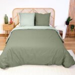 Parure de lit 220x240 cm c�t� d�co 100% coton bicolore vert - housse de couette + 2 taies 63x63 cm