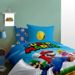 Parure de lit enfant 100% coton - mario friends - bleu - 140x200 + 63x63cm