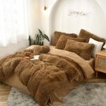 Parure de lit en flanelle moelleuse de 220 x 240 cm shaggy et peluche - 1 housse de couette1drap et 2 ...