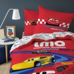 Parure de lit enfant 100% coton - disney cars racing - rouge - 140x200 + 63x63cm