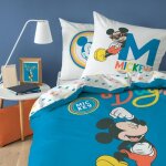 Parure de lit enfant 100% coton - disney mickey good days - bleu - 140x200 + 63x63cm