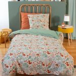 Parure de lit imprime 140x200 cm enfant - housse de couette + 1 taie doreiller animaux de la fort vert ...