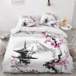 Parure de lit - jty - mont fuji fleurs de cerisier japonais - noir blanc rose gris - microfibre - 240x260 ...