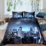Parure de lit - mouton maison deco - 3d ville ciel �toil� new york - bleu blanc noir violet - microfibre ...