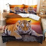 Parure de lit tigre route coucher du soleil 220 * 240 cm 3d effet 3 pieces fermeture clair 2 taies doreillers ...
