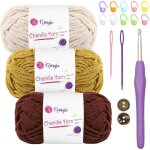 Pelote de laine chenille �paisse - sightmark - 3 x 50 g - 60 m - marron - crochet 5 mm inclus - polyester ...