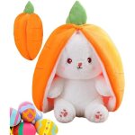 Peluche - lapin carotte fraise - blanc orange et vert - d�coration de p�ques - pour enfant 3 ans +