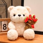 Peluche ours blanc avec bouquet de fleurs 25 cm ? doudou doux et romantique pour enfants et adultes