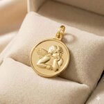 Pendentif - enfant - m�daille - ronde - ange - bapt�me - gabriel - plaqu� or jaune 750 / 1000 - 3 microns ...