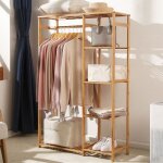 Penderie  vtement autoportante porte manteau sur pieds en bambou armoire de rangement avec rideau pour ...