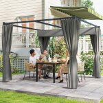 Pergola autoportante 3 x 3 m avec toit coulissant et parois lat�rales en toile gris clair r�sistante ...