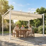 Pergola tonnelle de jardin toit r�tractable avec toile coulissante magn�tique et trous de drainage 390x297x227 ...
