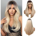 Perruque blonde longue et droite pour femmes avec frange � raie lat�rale perruques naturelles en cheveux ...