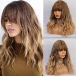 Perruque synthtique - longueur dpaule - boucle - marron - avec frange