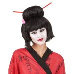 Perruque - geisha noire - cheveux synth�tiques - chignon avec fleur - frange droite