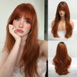 Perruque long auburn avec bangs en couches boucl�es orange pour femmes perruques synth�tiques naturelles ...