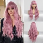 Perruque longue et rose avec frange cheveux synthtiques naturels perruques ondules pour femmes daily ...