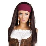 Perruque de pirate femme - accessoire de dguisement - marron - bandana bordeaux et perles