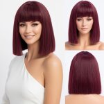 Perruque rouge lisse - jozsi - bordeaux - bob court - frange - fibres synth�tiques haute qualit�