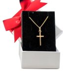Petite croix chrtienne plate plaqu or avec chaine 45cm et boite